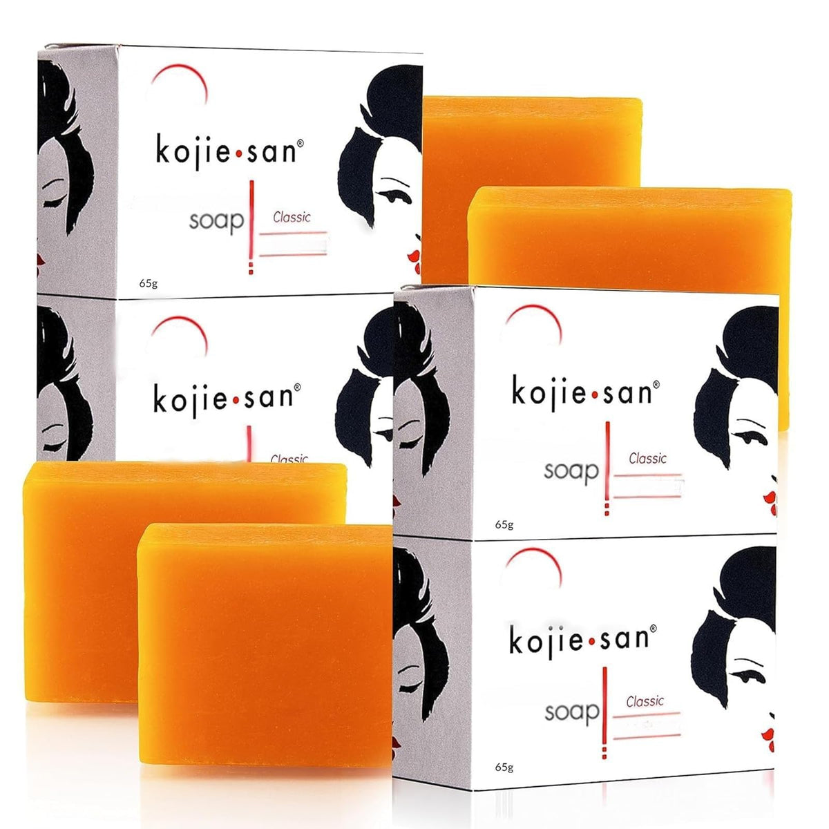 Kojie San front packaging showing four 65g bars and orange scent benefit