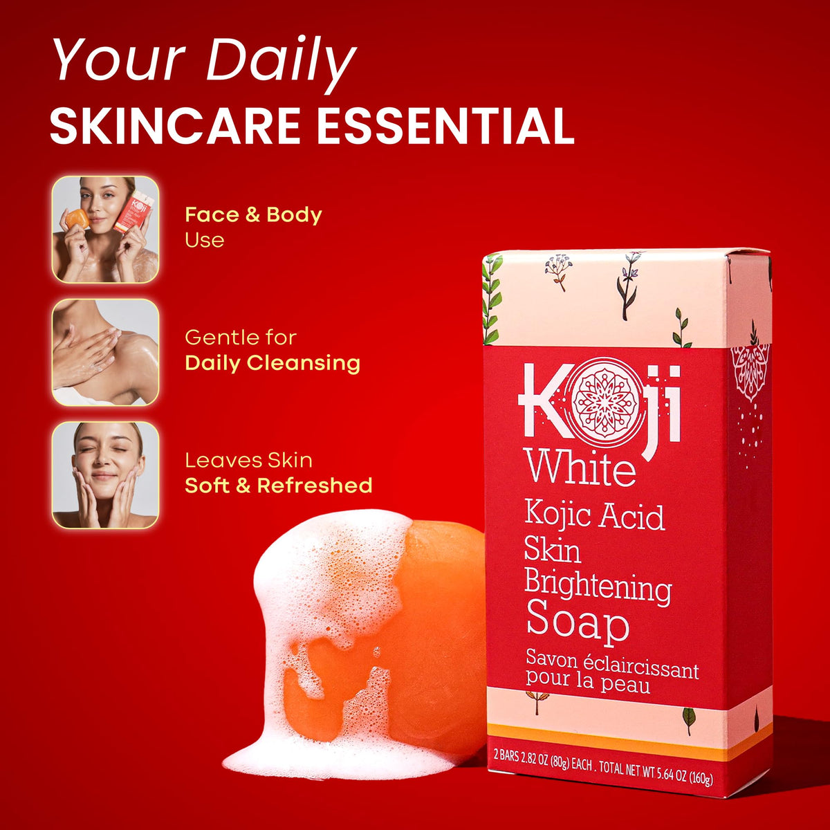 Koji White soap in bathroom setting conveying daily routine benefit