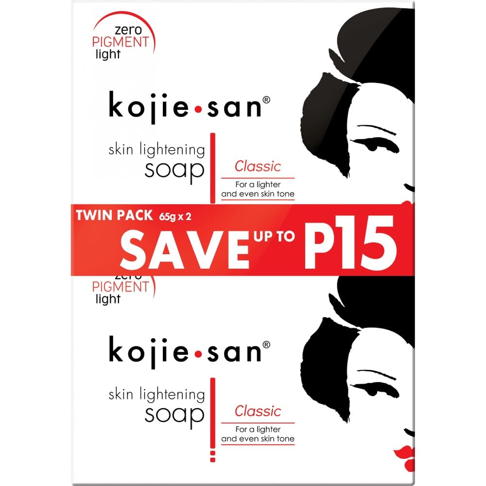 Kojie San front packaging showing two 65g bars and exfoliating net for brighter skin