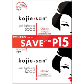 Kojie San front packaging showing two 65g bars and exfoliating net for brighter skin