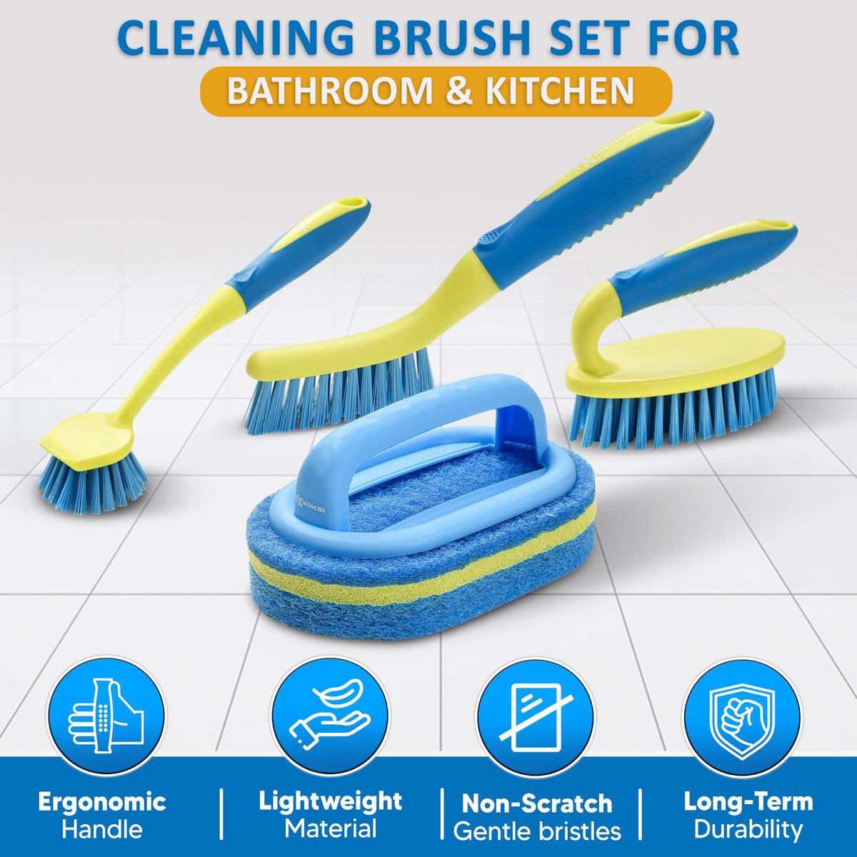 Koksi brushes in use on bathtub removing soap scum for faster cleaning