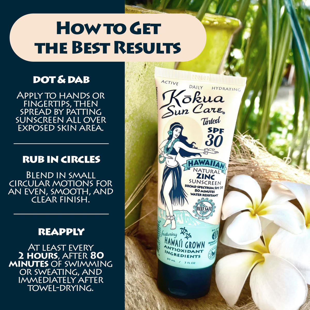 Kokua label closeup showing zinc oxide concentration and reef-safe claim