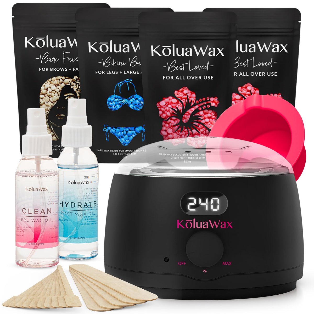 KoluaWax front packaging showing complete kit and warmer, promotes convenience