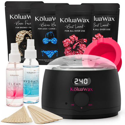 KoluaWax front packaging showing complete kit and warmer, promotes convenience