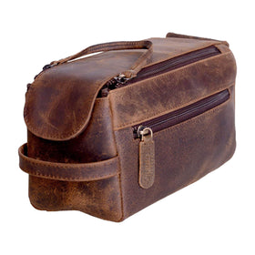 KomalC front view of leather toiletry bag showing sleek profile and organization benefit