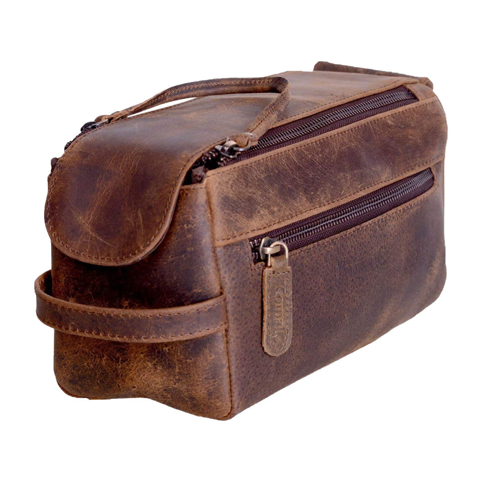 KomalC front view of leather toiletry bag showing sleek profile and organization benefit