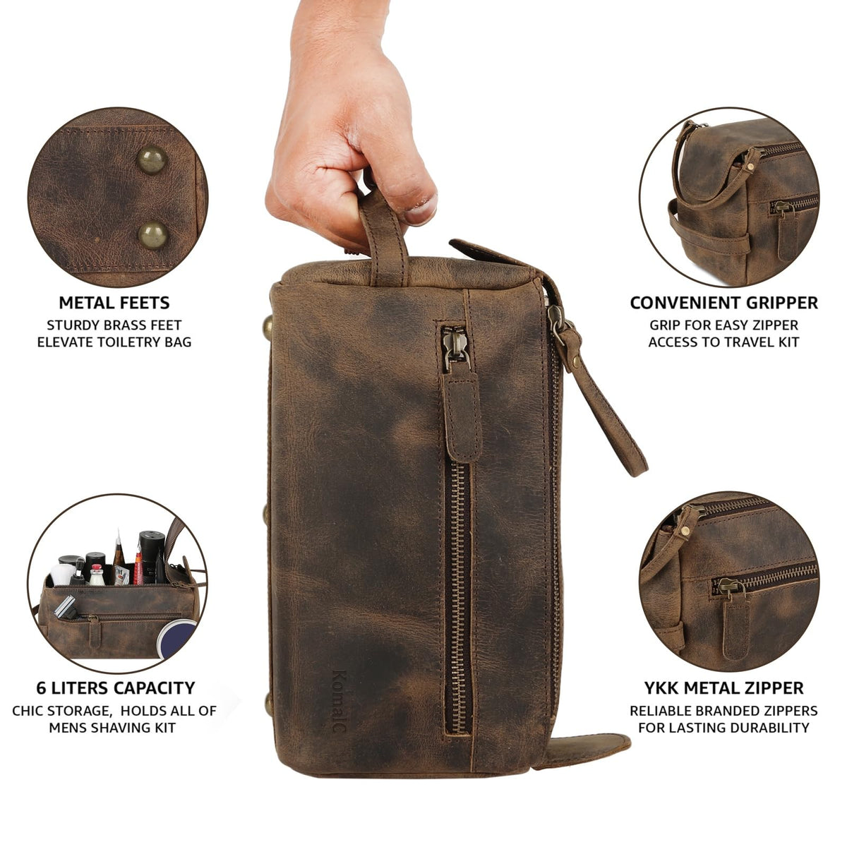 KomalC toiletry bag in travel setting on luggage showing stylish portability benefit