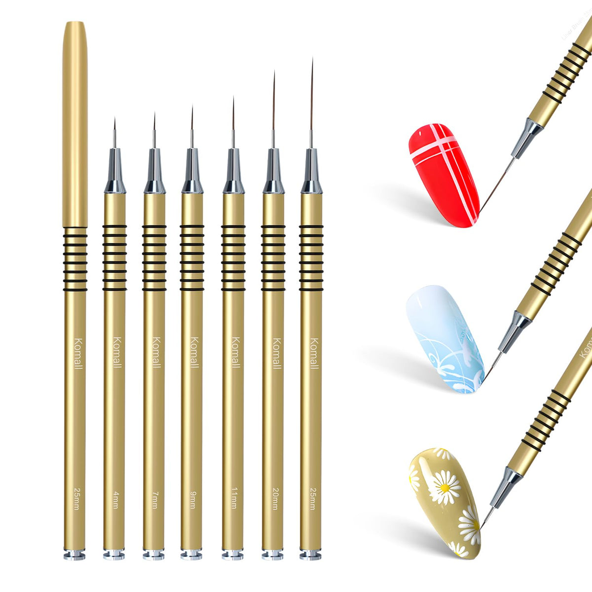 Komall brush tip closeup displaying tapered nylon bristles for precise lines