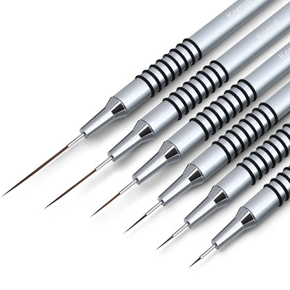 Komall metallic brush set front view showing six liner sizes and silver handles for precise work