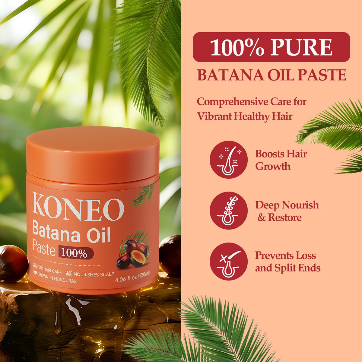 KONEO paste texture close-up showing creamy Batana oil for deep nourishment