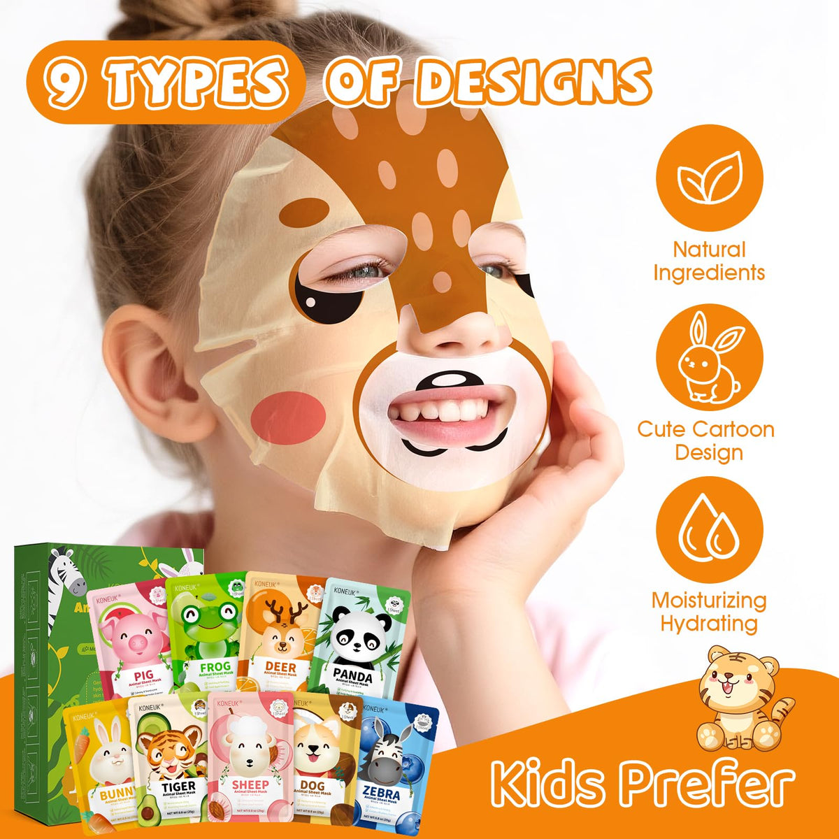 KONEUK close-up of nine animal face designs for playful party visuals