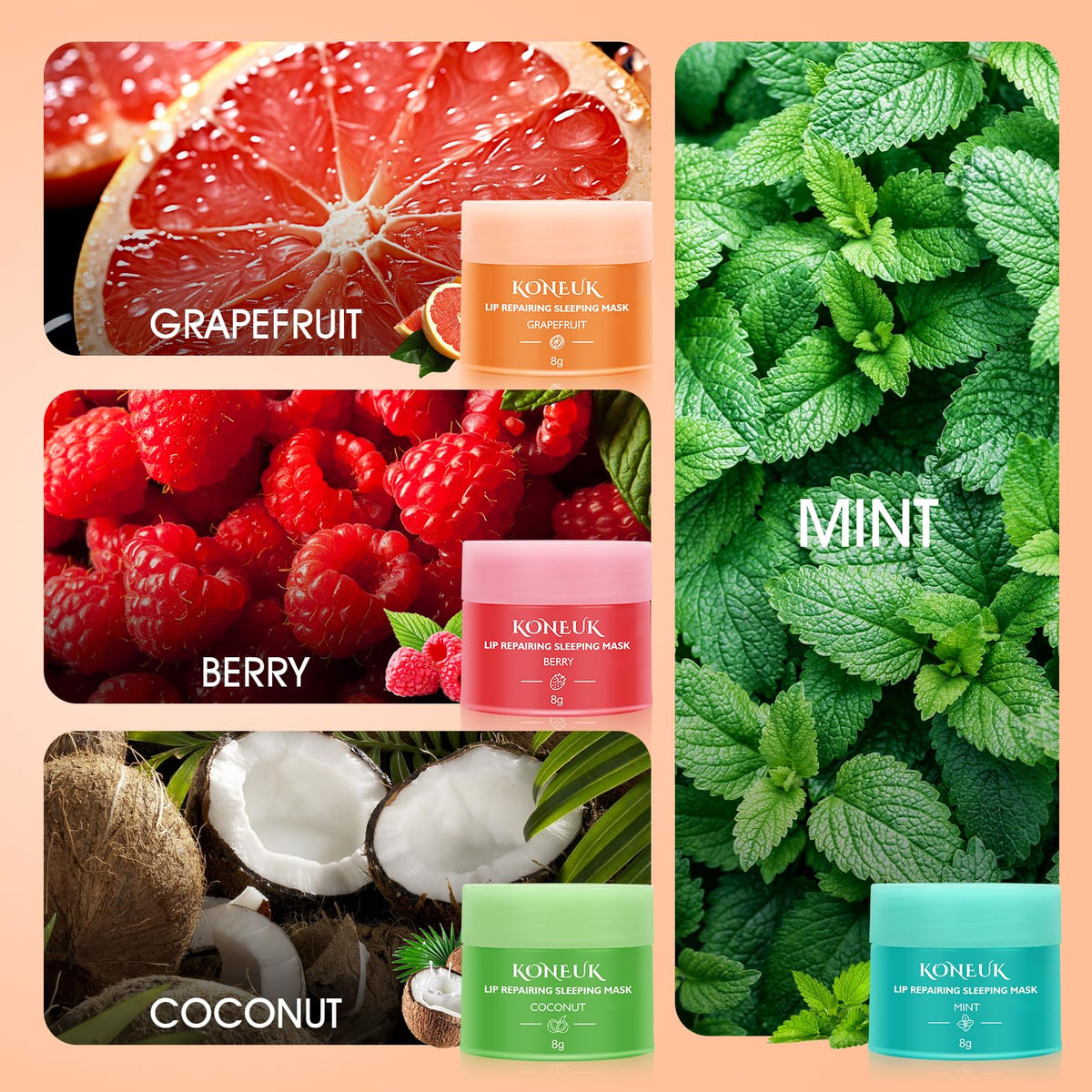 KONEUK flavor assortment display highlighting mint grapefruit coconut berry