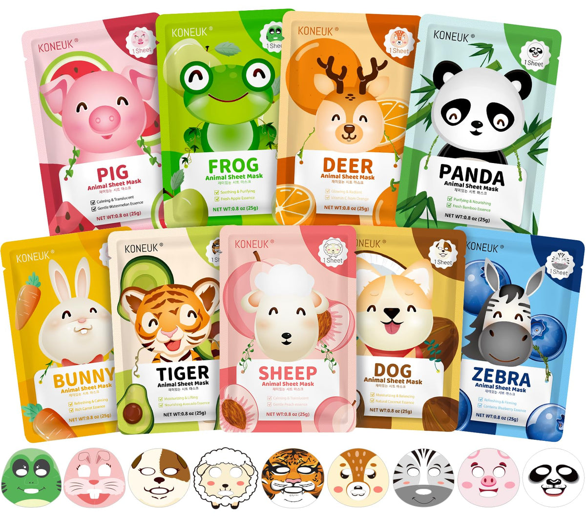KONEUK front packaging showing nine animal face masks and playful branding for easy gifting