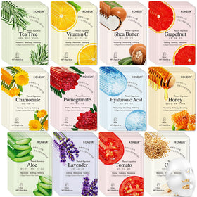 KONEUK front packaging collage showing 84 mask sachets and botanical art for variety