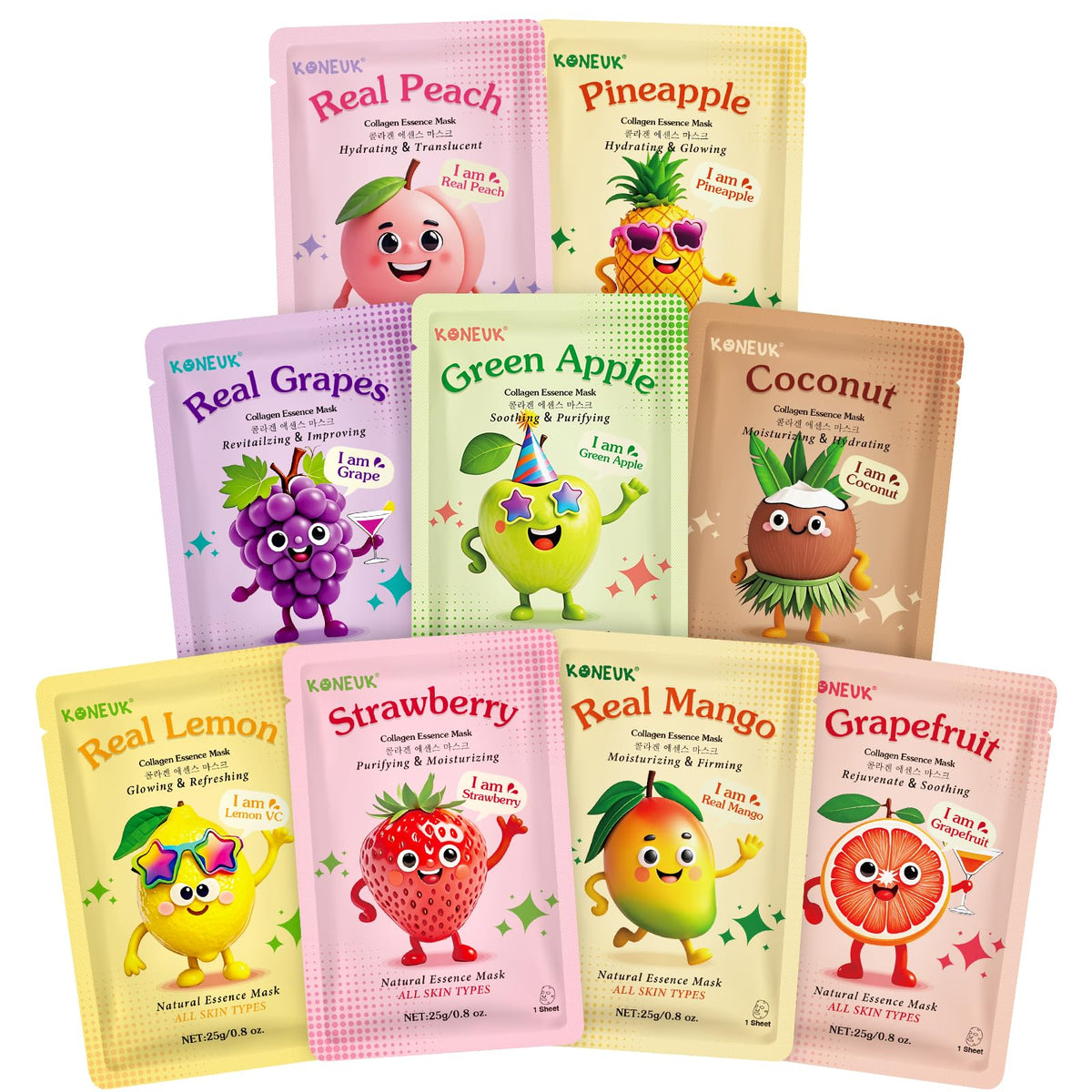 KONEUK front packaging showing nine fruit cartoon masks and benefits