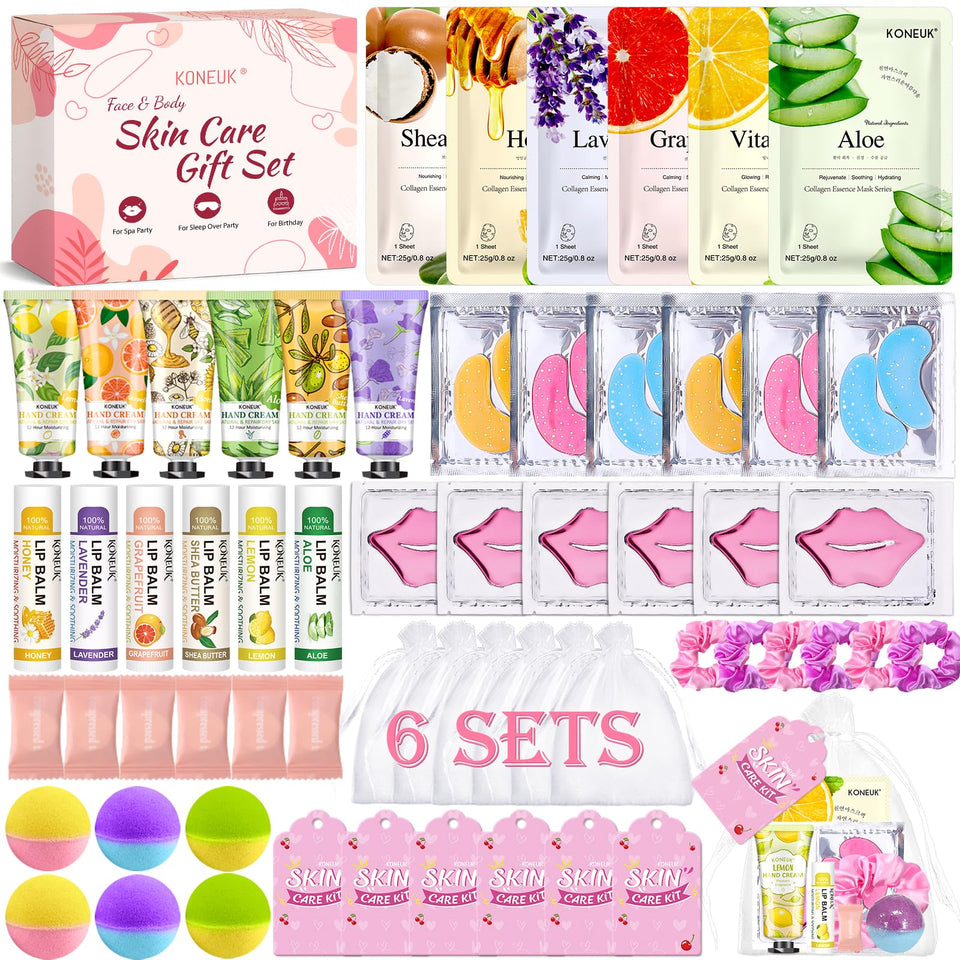 KONEUK front packaging of 60-piece spa party set showing contents and presentation benefits