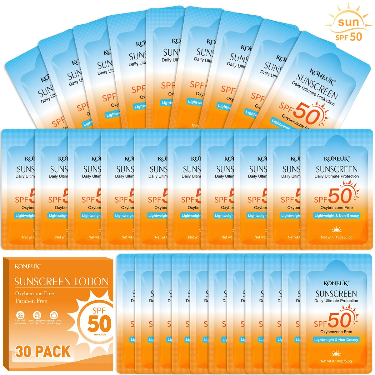 KONEUK front packaging showing 30 travel sunscreen packets and SPF 50 protection benefit