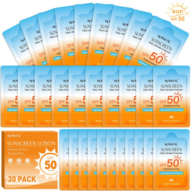KONEUK front packaging showing 30 travel sunscreen packets and SPF 50 protection benefit