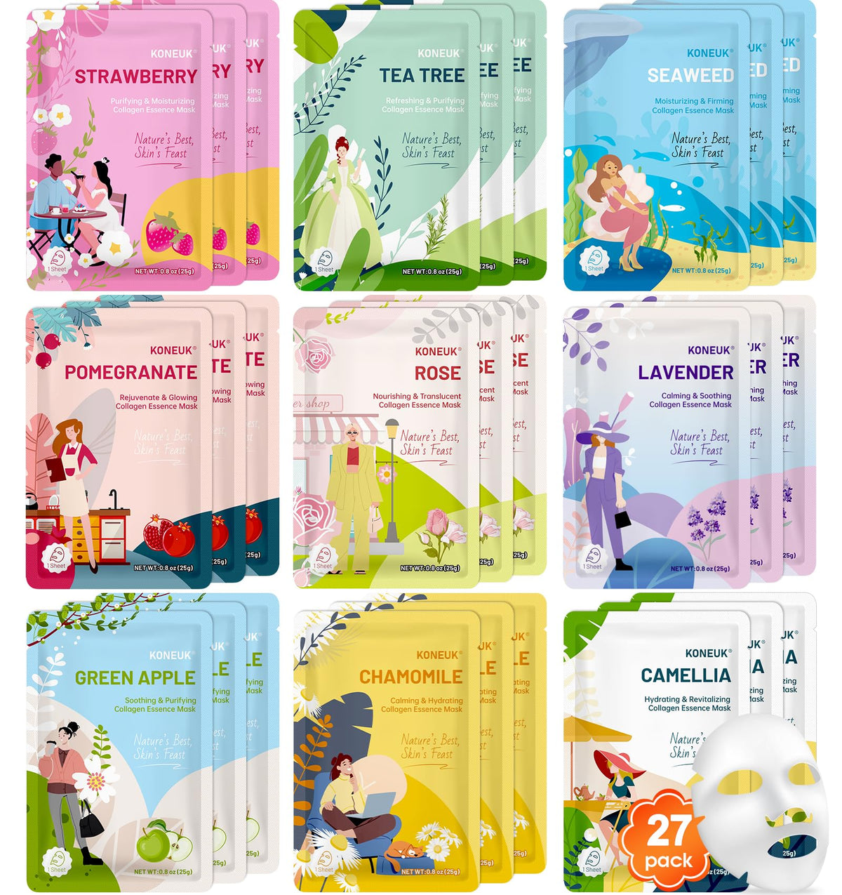 KONEUK front packaging showing 27-mask set and gifting appeal