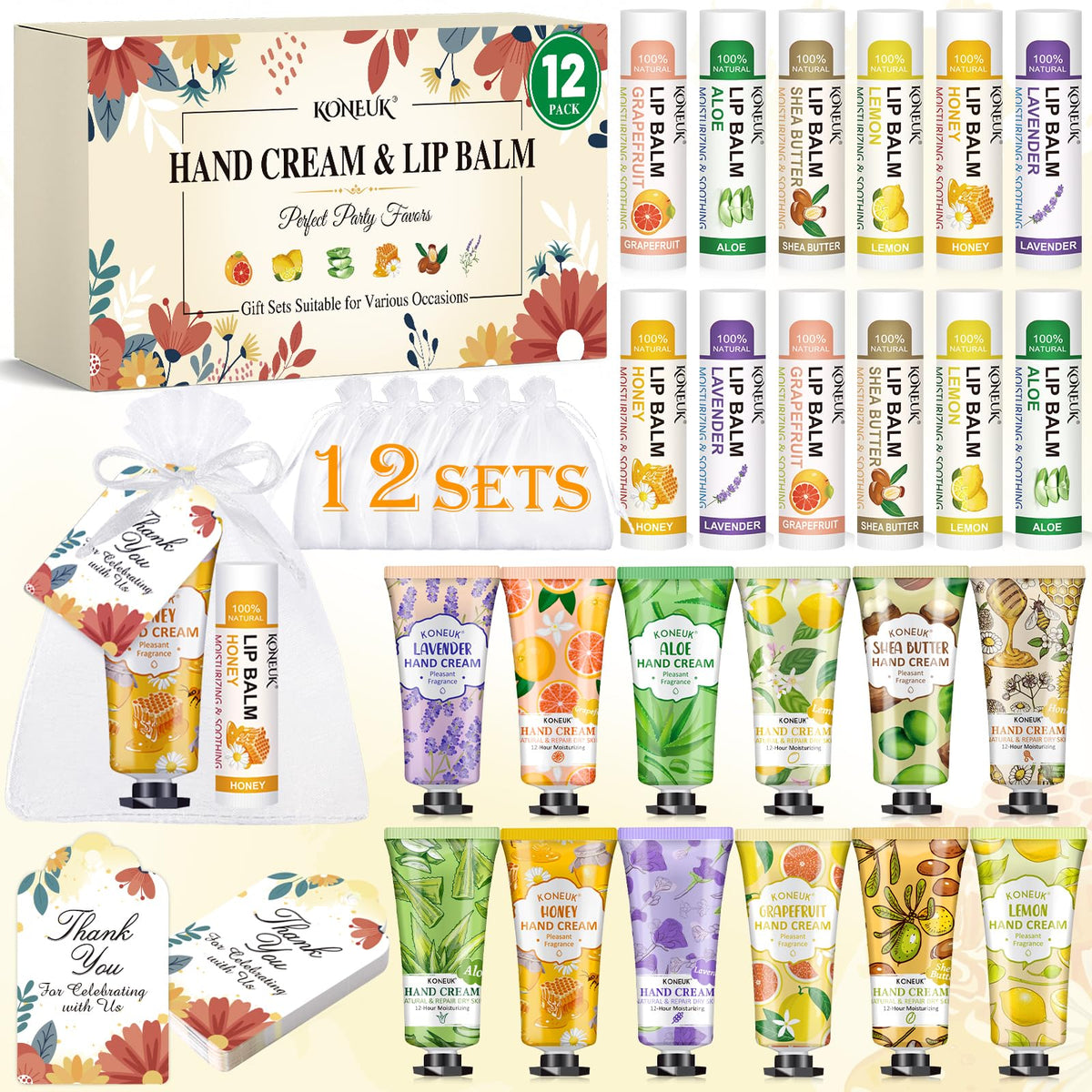 KONEUK front packaging showing bulk hand cream and lip balm set, gift-ready