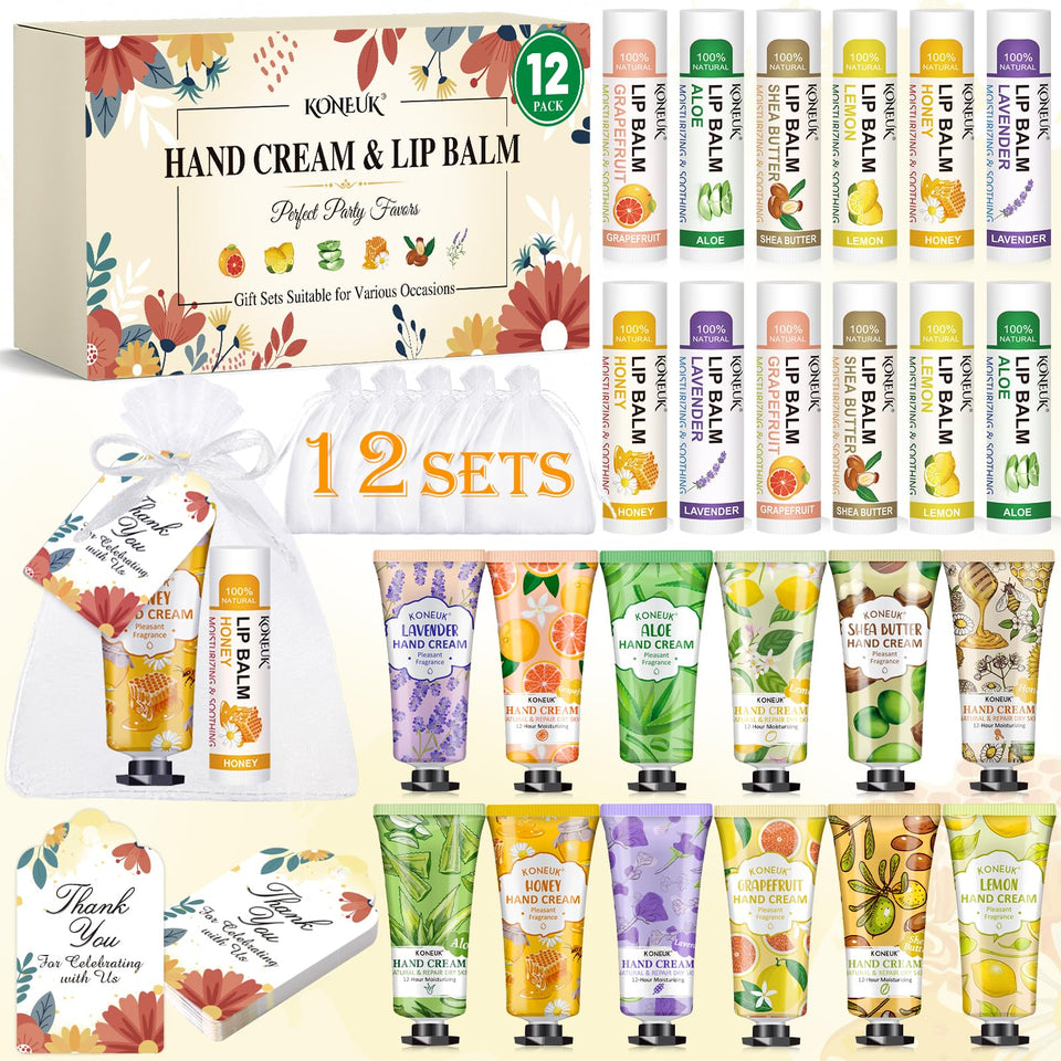 KONEUK front packaging showing bulk hand cream and lip balm set, gift-ready