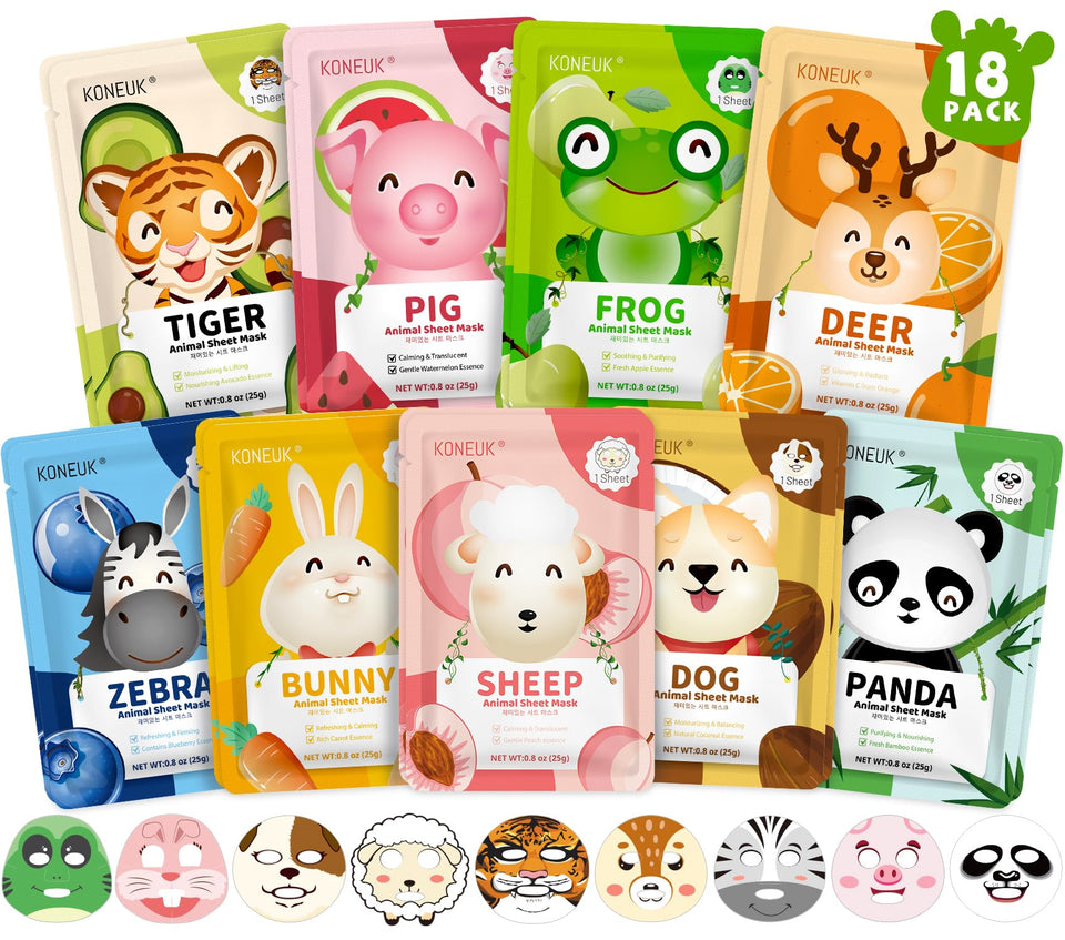 KONEUK front packaging showing 18 animal sheet masks and product name