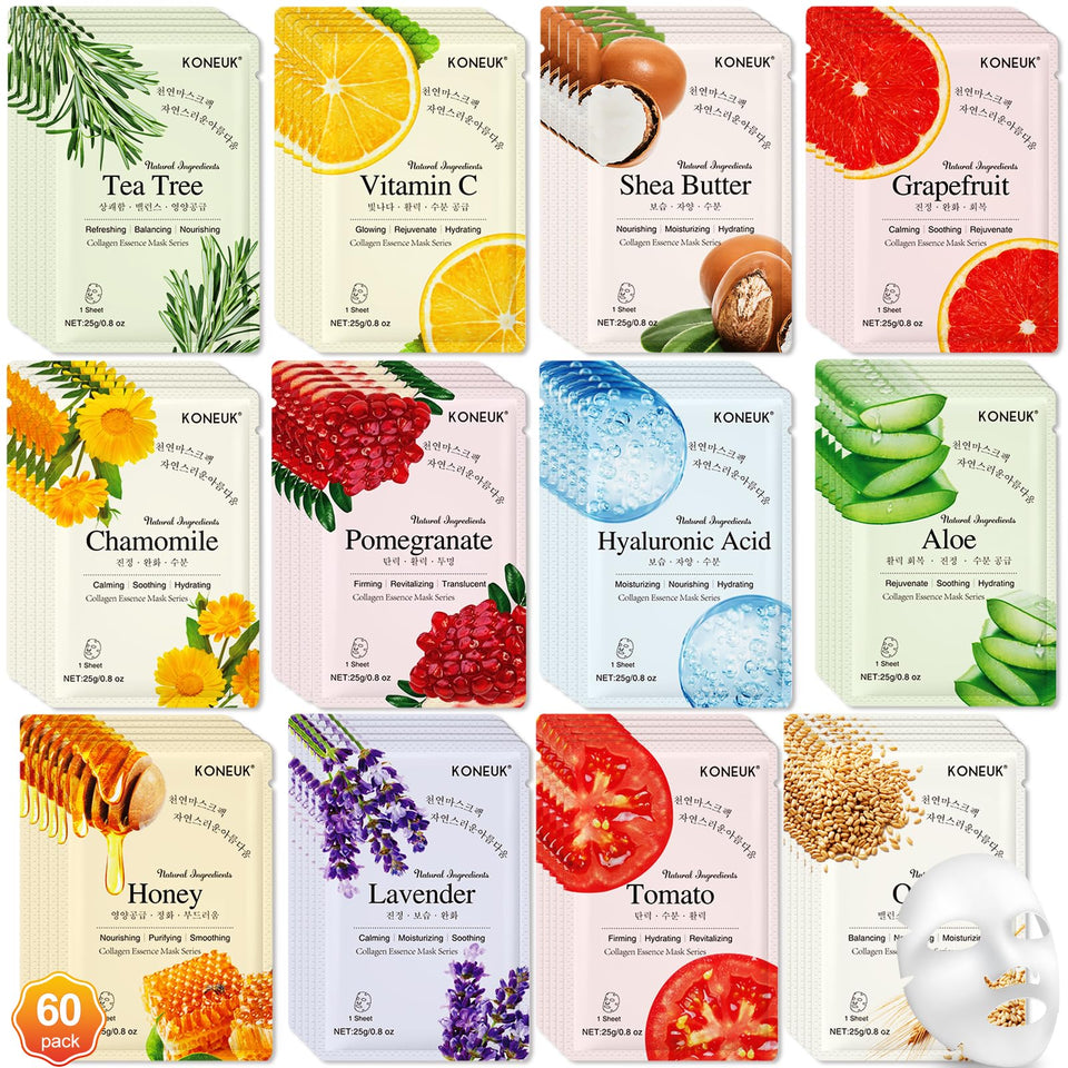 KONEUK front packaging showing 60-pack face mask set and gift box, convenient storage benefit