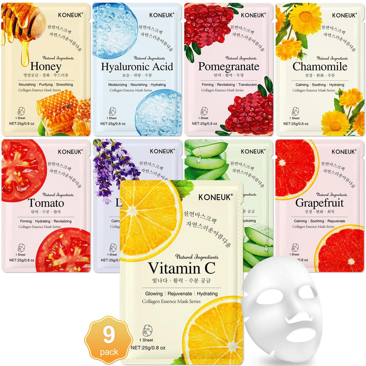 KONEUK front packaging showing nine botanical mask designs and gift-ready look