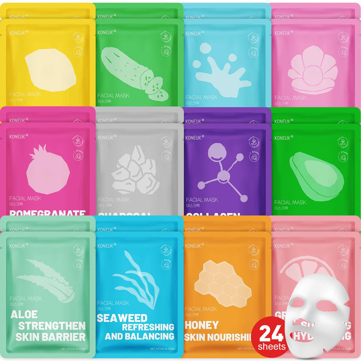 KONEUK front packaging showing 24 mask pack and variety benefit