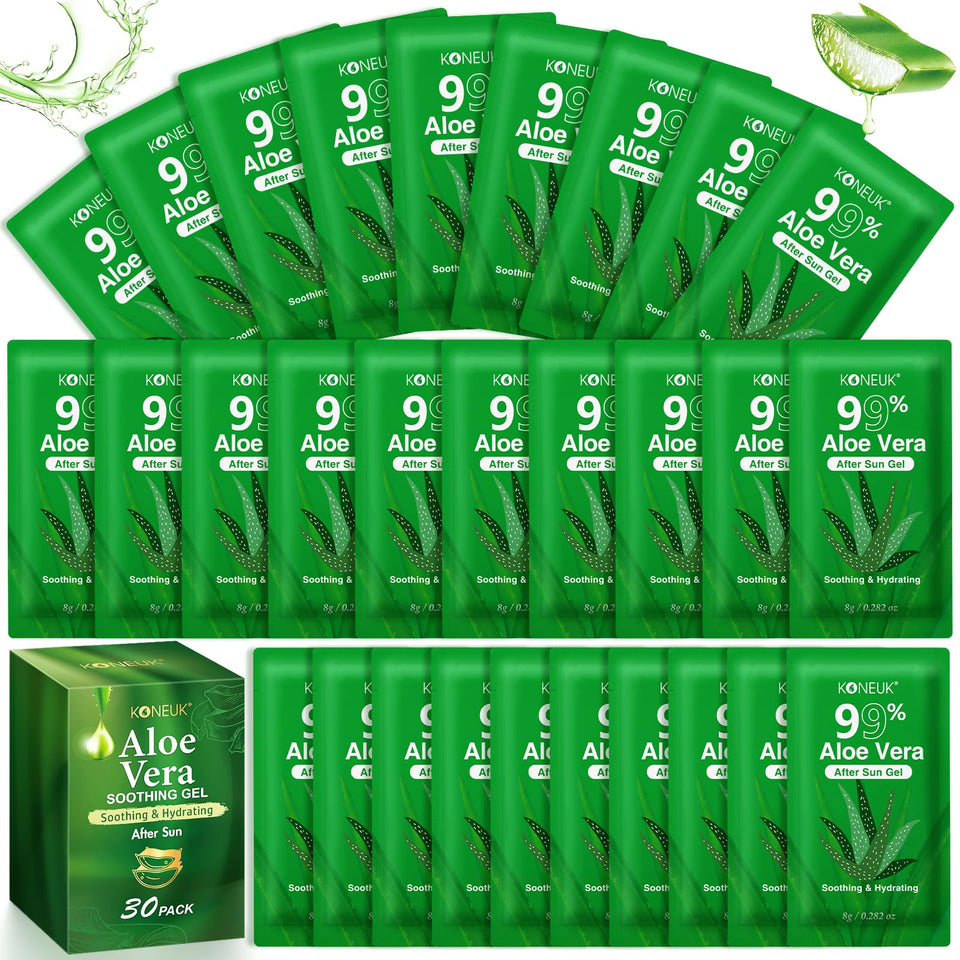KONEUK front packaging showing 30 compact aloe packets and benefits