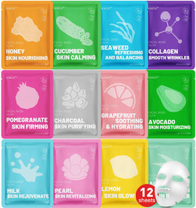 KONEUK front packaging showing twelve colorful mask sachets and benefits