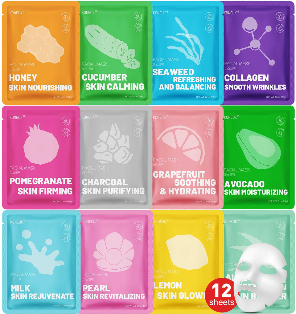 KONEUK front packaging showing twelve colorful mask sachets and benefits