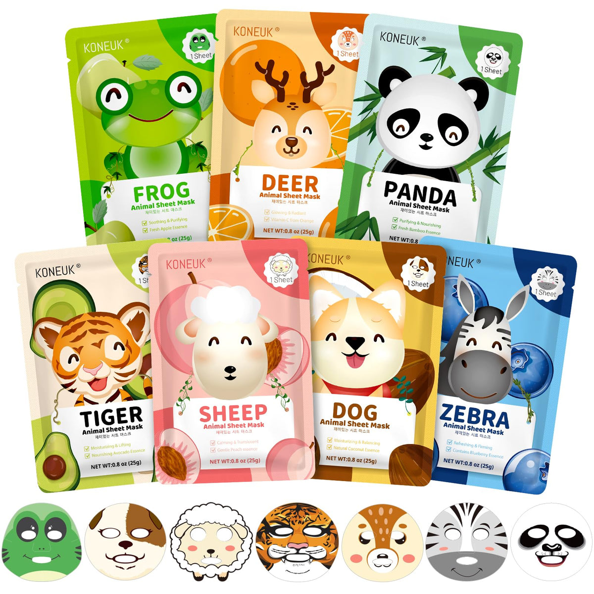 KONEUK front packaging showing seven animal mask illustrations and set benefit