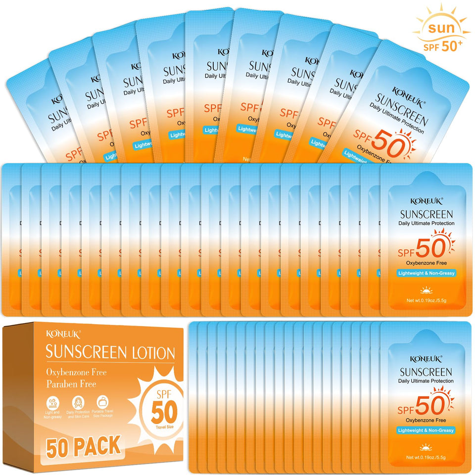 KONEUK front view of 50-pack sachets showing compact portability and bulk convenience