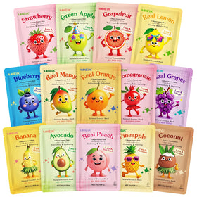 KONEUK front view of 14-pack fruit sheet masks showing colorful packaging and variety