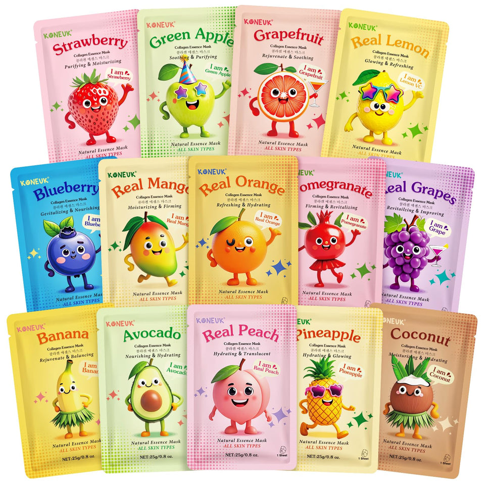 KONEUK front view of 14-pack fruit sheet masks showing colorful packaging and variety