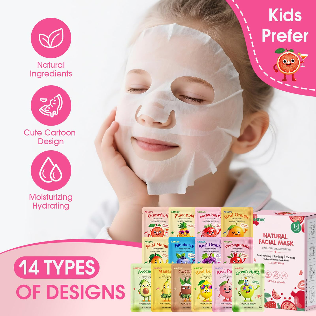 KONEUK teen wearing a fruit sheet mask relaxing during a home spa moment