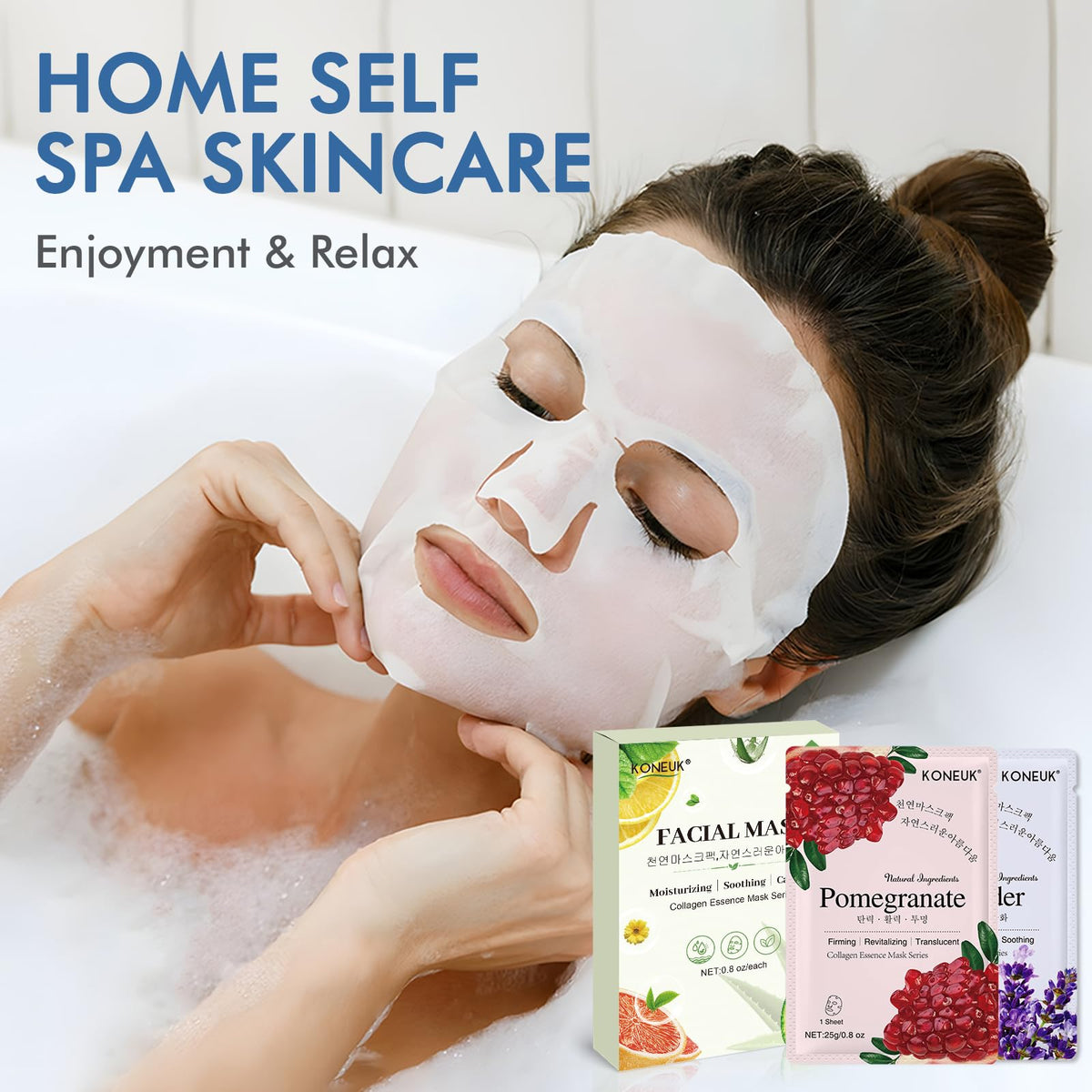 KONEUK masks arranged in a spa setting conveying gift-ready presentation and relaxation