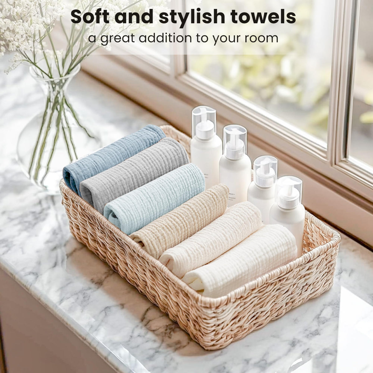 Konssy six muted color cloths laid out for easy organization and reuse