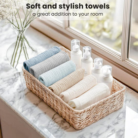 Konssy six muted color cloths laid out for easy organization and reuse