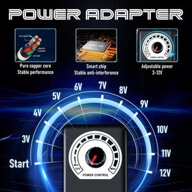 KOOBA power supply knob and ports showing voltage control and safety