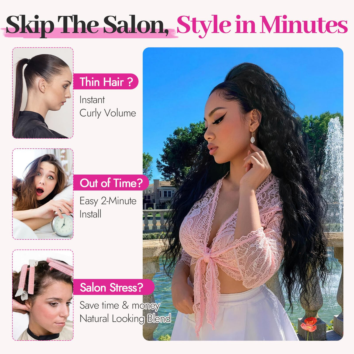 KooKaStyle model wearing high ponytail showing quick-install confidence benefit