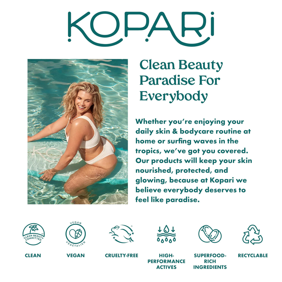 Kopari sunscreen beside shaded beach items promoting reef-safe use