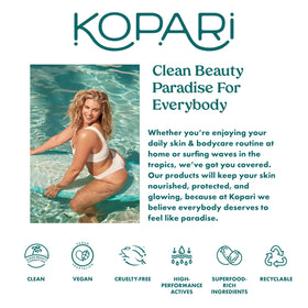 Kopari sunscreen beside shaded beach items promoting reef-safe use