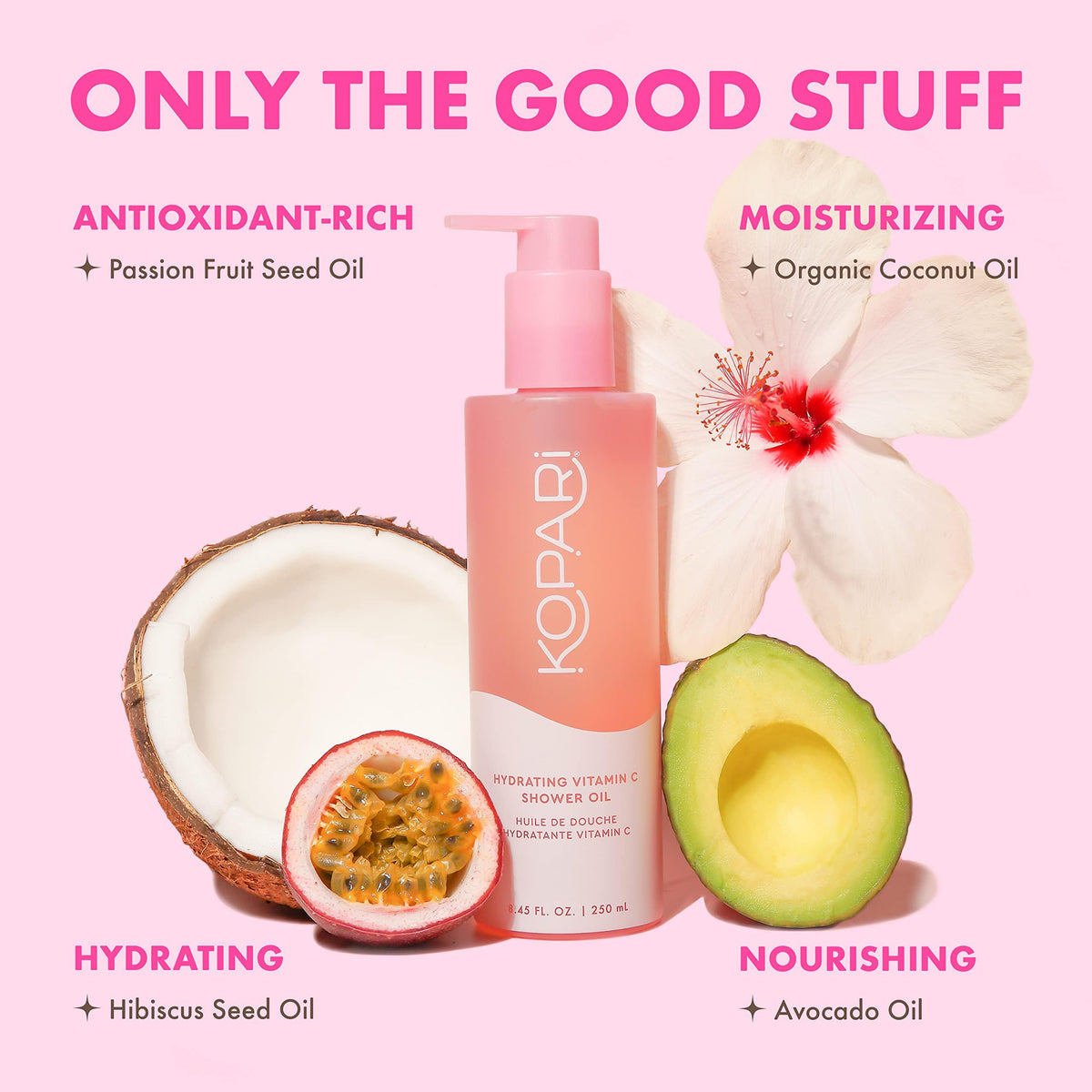 Kopari sudsy shower oil in use on a loofah demonstrating softening and hydration