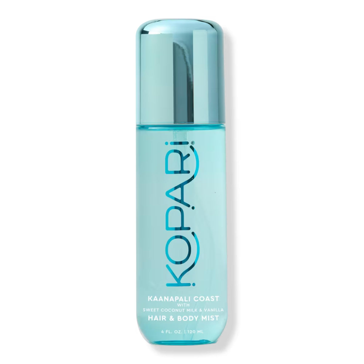 Kopari front bottle view showing 4 oz creamy coconut hair and body mist benefit: quick fragrance