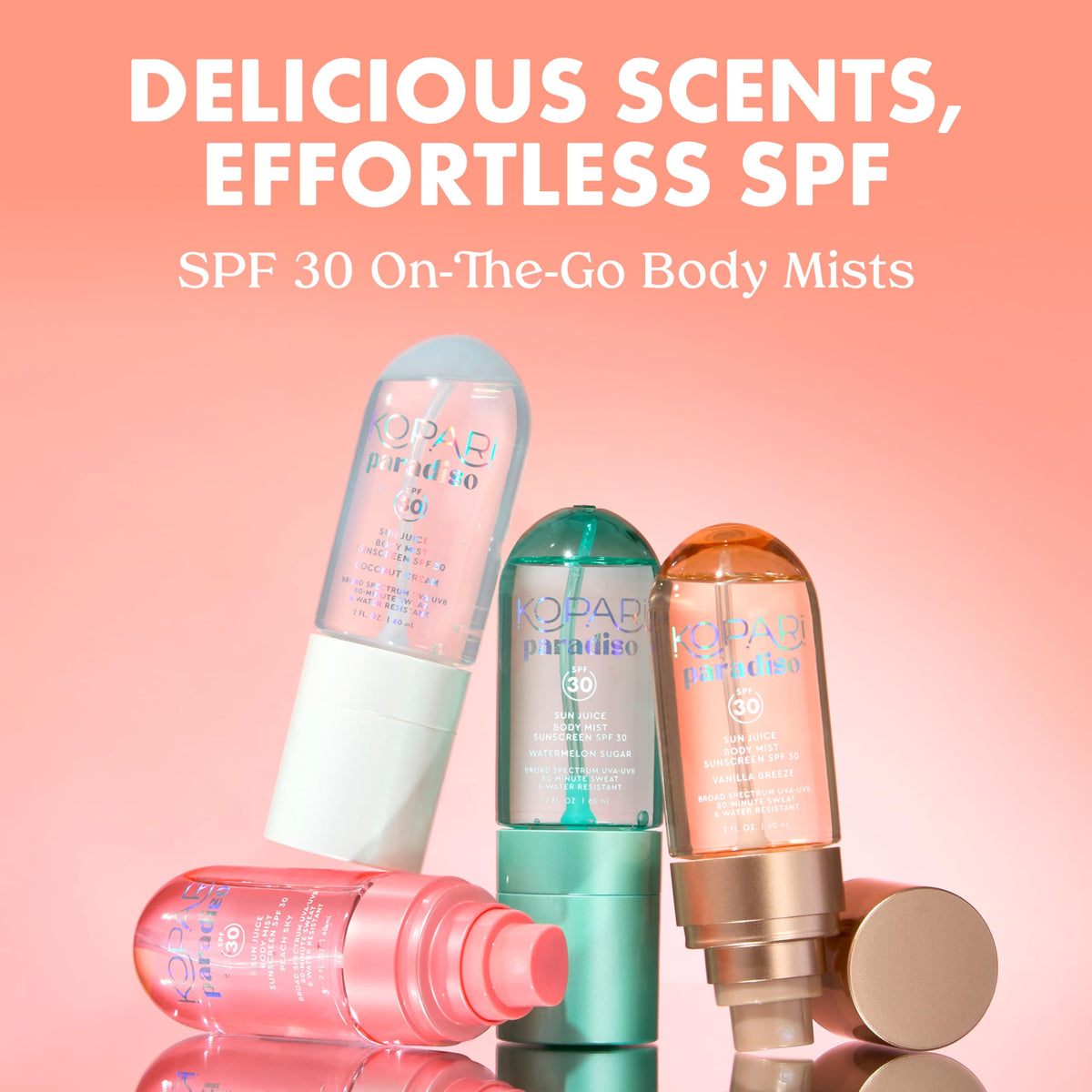Kopari mist spraying onto arm provides quick, even sunscreen coverage