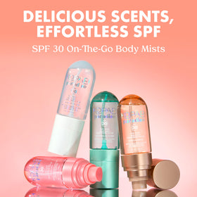 Kopari mist spraying onto arm provides quick, even sunscreen coverage