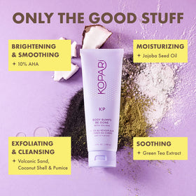 Kopari scrub lathering on hand to show rinseability and hydrated-feeling finish