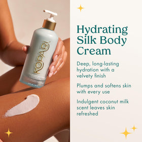 Kopari pump dispensing cream into hand for quick non-greasy application benefit